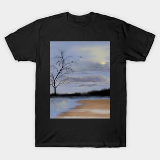 Cloudy beach scene with lone tree and nesting birds T-Shirt